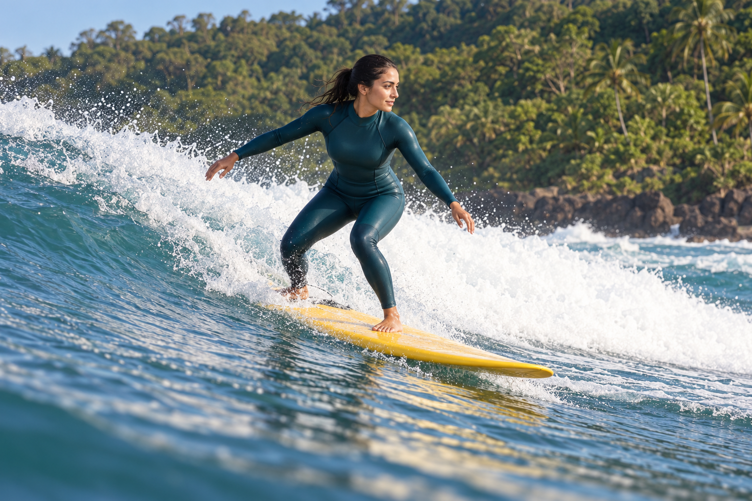 Woman surfing in a full wetsuit