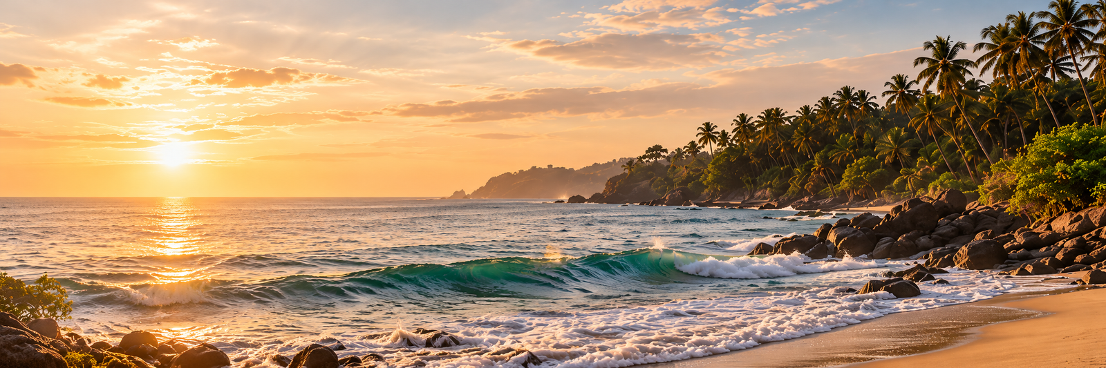 Golden sunset over a tropical coastline